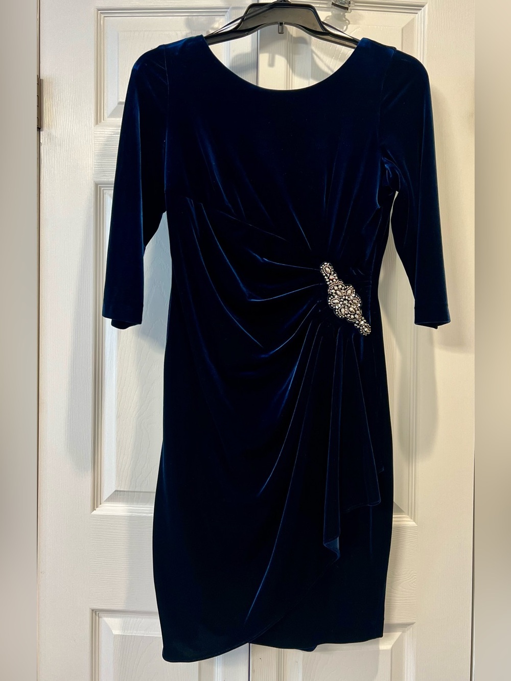 Alex Evenings Navy Velvet Midi Dress with Beaded Brooch